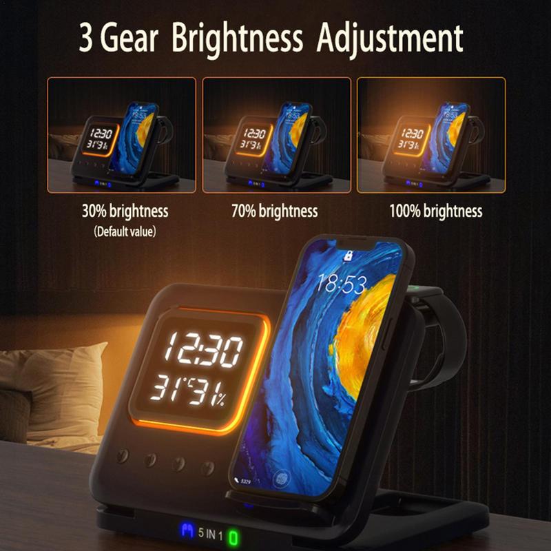 5-in-1 wireless charging station with alarm clock