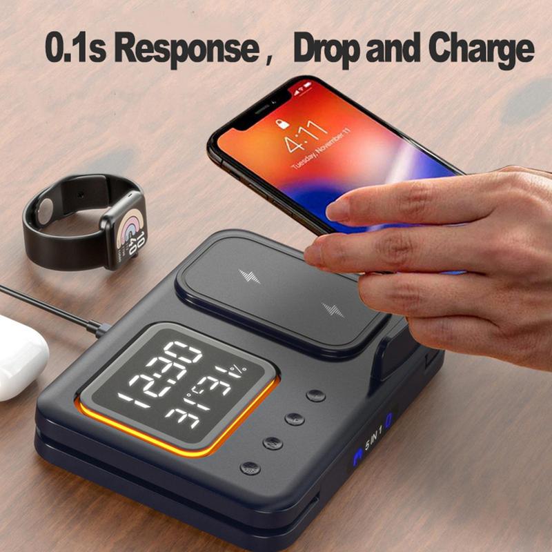 5-in-1 wireless charging station with alarm clock