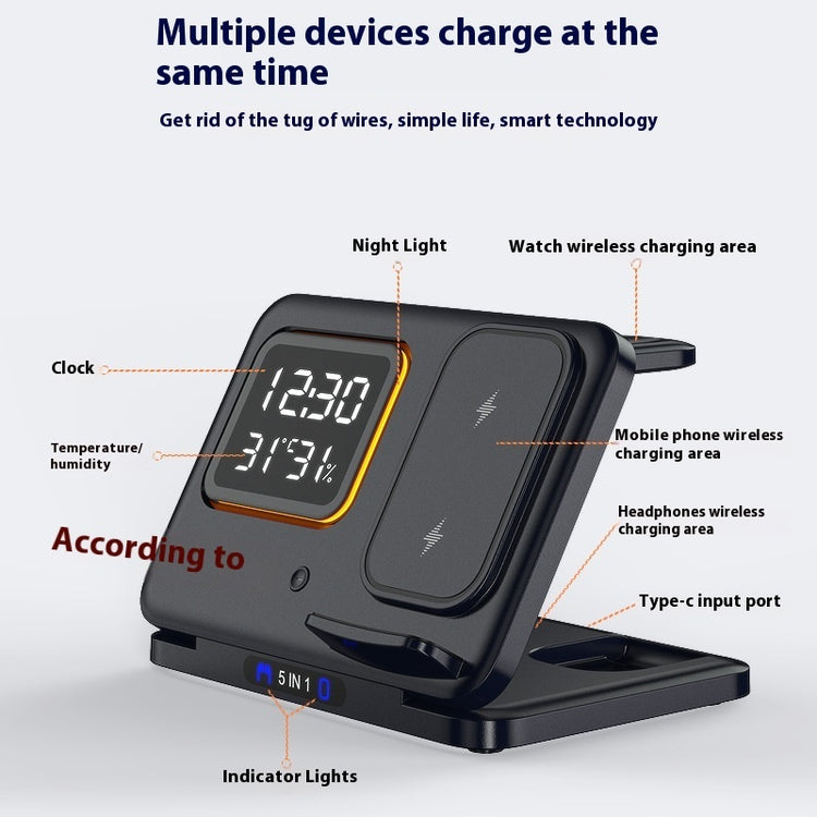 5-in-1 wireless charging station with alarm clock