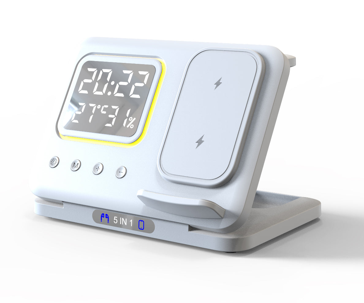 5-in-1 wireless charging station with alarm clock
