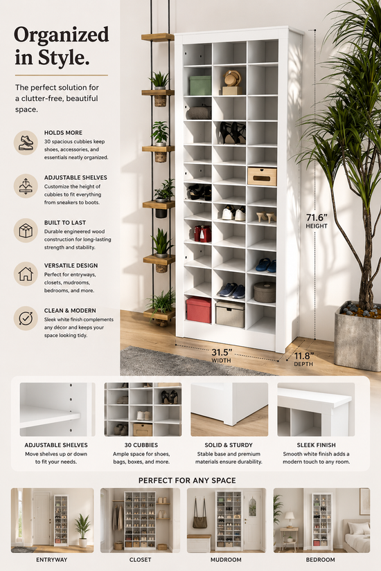 Tall Narrow Shoe Storage Cabinet – Slim Shoe Organizer Cabinet for Entryway, Closet & Small Spaces