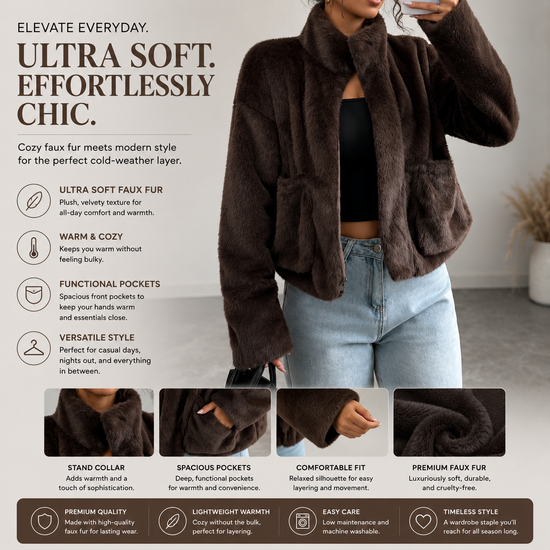Women’s Luxe Faux Fur Jacket – Elegant Winter Coat with Plush Collar, Warm & Stylish Cold Weather Outerwear