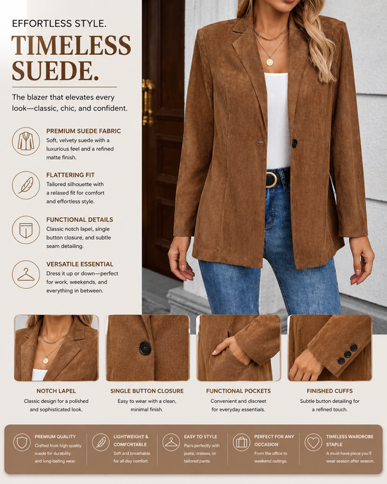 Women’s Coffee Brown Single-Button Blazer Jacket – Elegant Business Casual Blazer for Office, Work & Everyday Chic Style