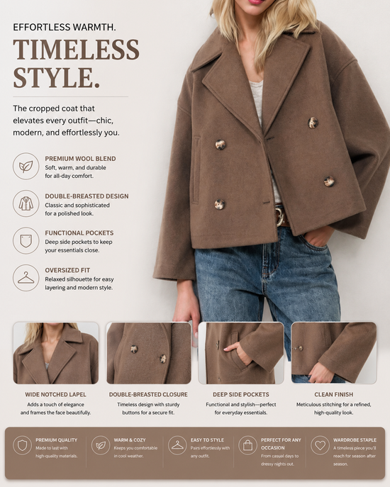 Women’s Double-Breasted Wool Blend Coat – Elegant Notched Lapel Winter Overcoat for Timeless Business & Casual Style