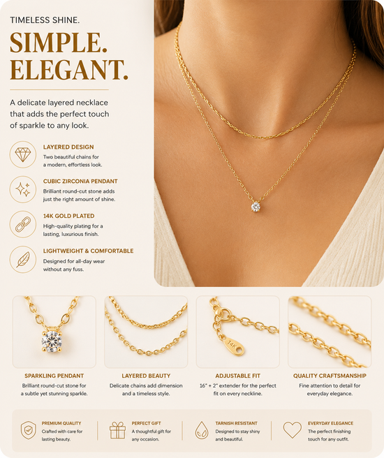 14K Gold Plated Solitaire CZ Pendant Necklace – Elegant Diamond-Style Cubic Zirconia Choker Jewelry for Women