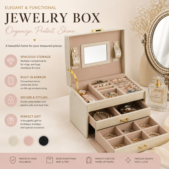 3-Layer Lockable Jewelry Box – Leather Jewelry Organizer with Mirror