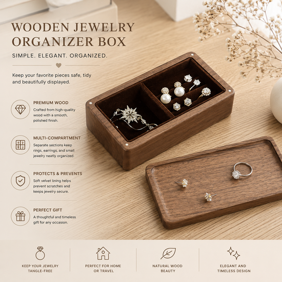 Luxury Wooden Jewelry Box – Magnetic Travel Organizer for Rings, Earrings & Necklaces