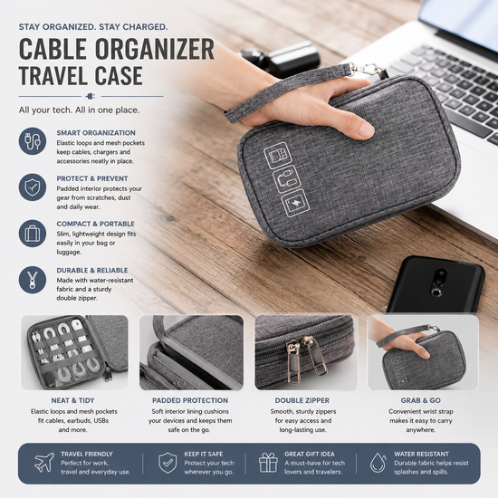 Travel Cable Organizer Bag – Portable Electronic Accessories Storage Case