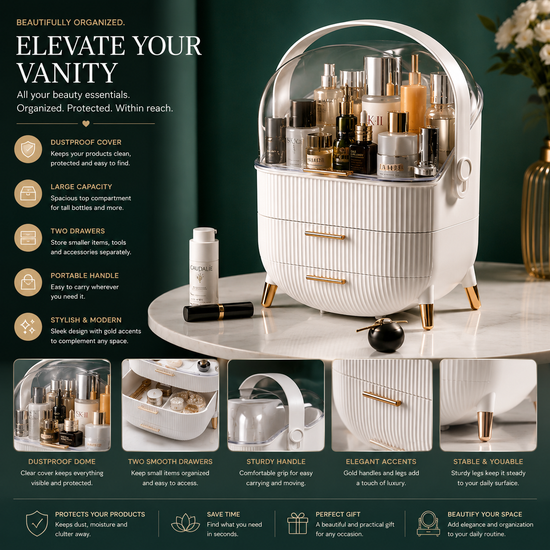 Makeup & Skincare Organizer with 2 Drawers – Transparent Dustproof Vanity Storage Case