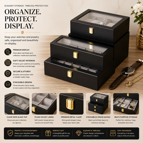 Black Matte Baked Paint Jewelry Organizer Display Box – Luxury Watch & Jewelry Storage Case