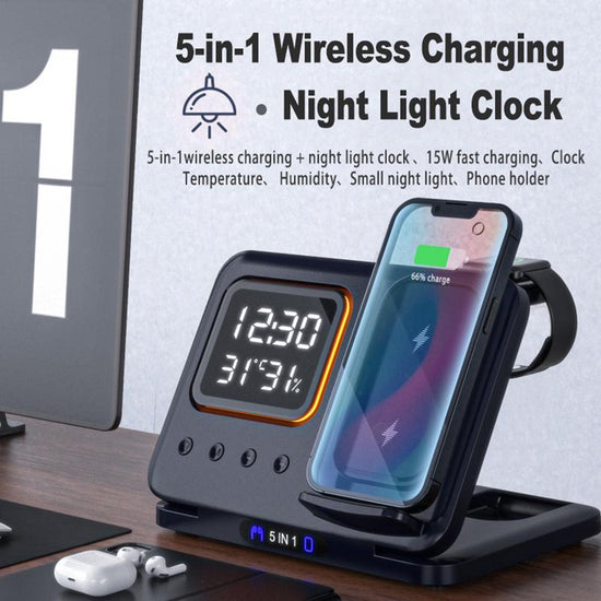 5-in-1 wireless charging station with alarm clock